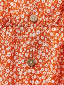 SHEIN LUNE Plus Size Ditsy Floral Print V-Neck Ruffle Sleeve Blouse - Orange - View 3