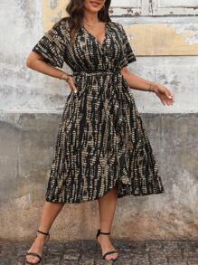 EMERY ROSE Plus Allover Print Belted Wrap Dress Maxi Women Outfit