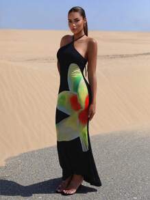 SHEIN BAE Floral Print Halter Neck Backless Mermaid Hem Longline Dress - Black - View 4