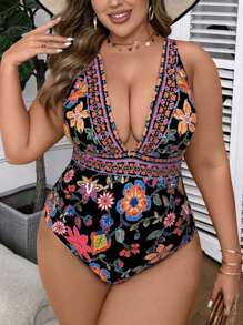 SHEIN Swim Curve Đồ bơi một mảnh in hoa cỡ lớn mùa hè - màu đen - Xem 3