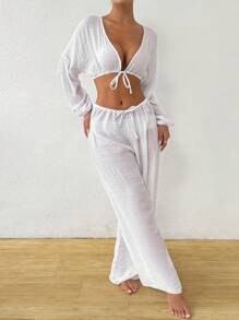 SHEIN Swim Plain Tie Front Cover Up Set Summer - White - View 4