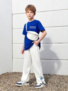 SHEIN Tween Boy Woven Letter Patch Pocket Side Slit Hem Long Pants - White - View 4