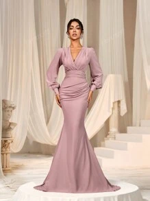 Faeriesty Elegant Cross-Over V-Neck Lantern Sleeve Mermaid Hem Dress - Sophisticated Timeless Design For Spring/Summer Weddings, Galas, Red Carpet Bridesmaid Dress