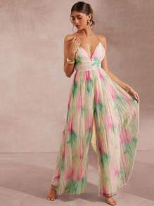 L'Amorae Print Plunging Neck Wide Leg Cami Jumpsuit - Multicolor - View 3