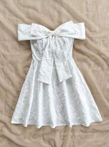 Soleia Women Solid Jacquard Off Shoulder Knot Front Dress - White - View 3