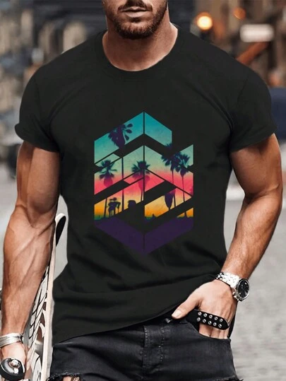 Geometric Sunset Beach Men's Crew Neck Short Sleeve Casual T-Shirt