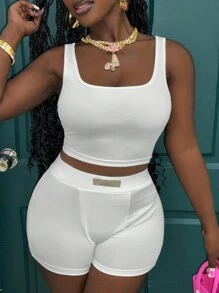 Slaydiva 2pcs/Set Women Casual Rib Pattern Tank Top And High Waist Letter Shorts Set