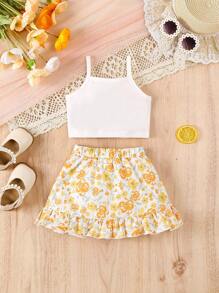 Top Halterneck e Saia com Estampa Floral e Babados para Bebê Menina com Nó Lateral - Branco - Visão 2