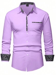 Manfinity Mode Loose Fit Men's Floral Print Button Up Shirt, Purple Men Dress Shirt, Light Purple Shirt , Fall, Long Sleeve Top - Purple - View 4
