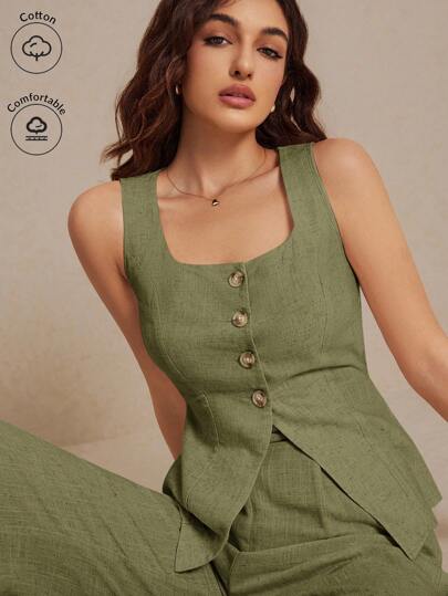 Poéselle Summer  Linen Suit Vest Two-Piece Set Ladies Fashionable Plain Button Contrast Color Sleeveless Top And Trousers Set Wear Comfortable Fabric Breathable Soft Suitable For Commuting Daily Holiday Wear