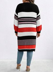 SHEIN LUNE Plus Striped Pattern Drop Shoulder Duster Fall Cardigan , Color Block
