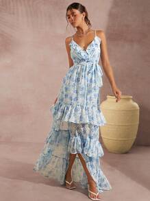 L'Amorae Floral Tiered Ruffle Tie Split Hem Maxi Dress