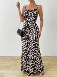 Almamuse Vestido largo con estampado de leopardo, vestido de mujer tipo camisero maxi - Caqui - Ver 1