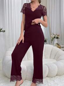 Ensemble pyjama pour femmes à manches courtes en patchwork de dentelle et pantalon ample
