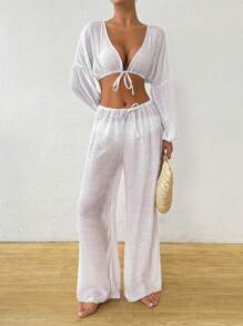 SHEIN Swim Plain Tie Front Cover Up Set Summer - White - View 1