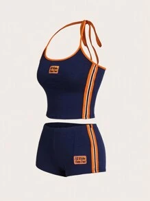 SHEIN ICON Damen Y2K Sommer Outfit aus Sport Colour Block Biker-Core Stickerei Top ohne Ärmel und Shorts mit tailleniederem Bund