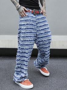 Manfinity Homme Men Ripped Frayed Wide Leg Jeans Without Belt, Plain Jeans Long Baggy Royal Blue Washed Cargo Jeans, For Husband, Boyfriend Gifts - Light Wash - View 6