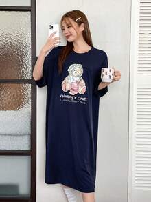 DAZY Đầm ngủ dáng rộng tay ngắn nữ in hình gấu dễ thương - Màu xanh hải quân - Xem 3