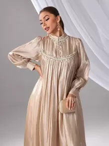 Women's Long Sleeve Frill Trim Pendant Decor Dress - Apricot - View 1