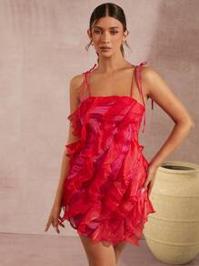 L'Amorae Robe courte à bretelles nouées et à volants - Rouge - Voir 5