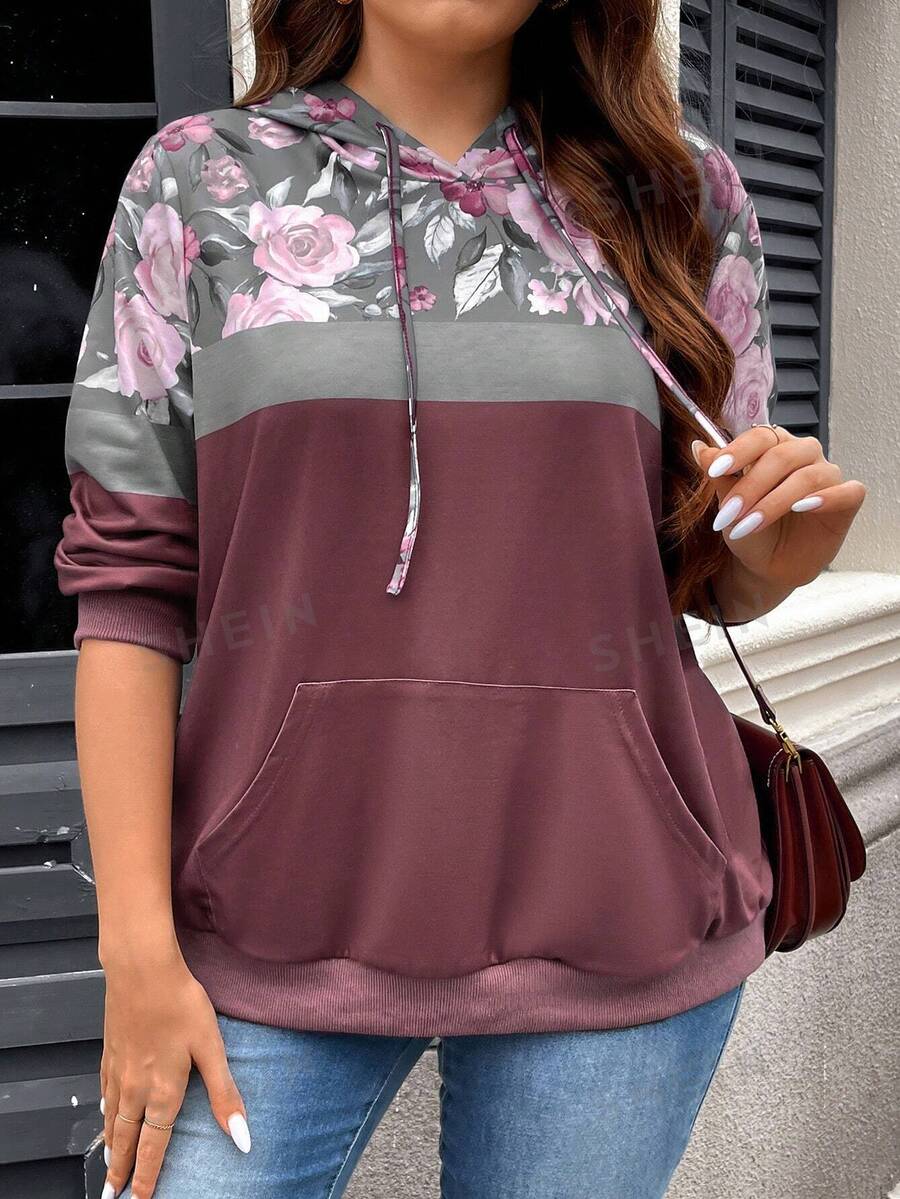 SHEIN LUNE Sudadera con capucha con bloques de color floral de talla grande con bolsillo para otoño e invierno con bolsillos, conjunto de viaje para el aeropuerto