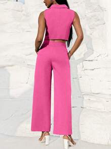 Chiquease Women Solid Color Lapel Vest And Trousers Suit - Hot Pink - View 2