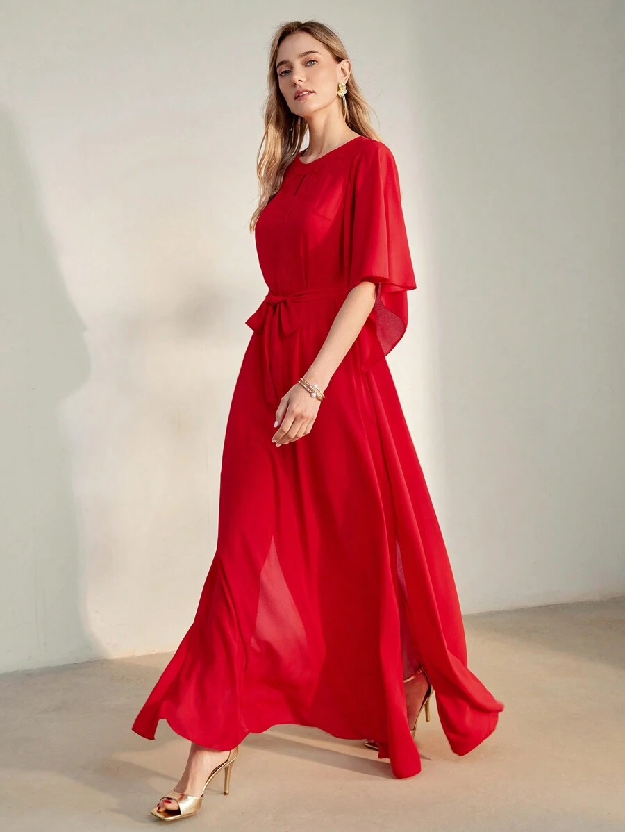 MOTF PREMIUM FLORAL EMBROIDERY KEYHOLE NECKLINE SPLIT HEM DRESS