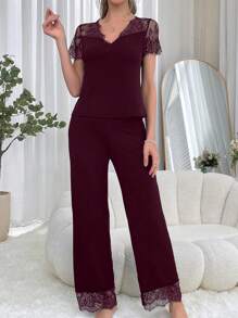 Ensemble pyjama pour femmes à manches courtes en patchwork de dentelle et pantalon ample