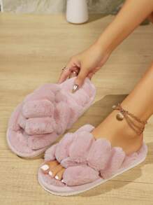 秋冬女士拖鞋，交叉带和蓬松装饰，室内防滑家居拖鞋，时尚 3D 高端设计女士拖鞋 - 藕粉色 - 查看 4