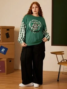 HARRY POTTER X SHEIN Plus Slytherin Áo nỉ in hình huy hiệu màu xanh đậm tương phản, thích hợp mặc hàng ngày và đi chơi - Màu xanh lam - Xem 5