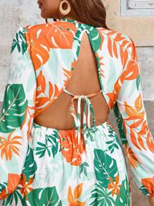 SHEIN VCAY Plus Size Vacation Tropical Plant Leaf Printed V-Neck Cut-Out Waist Backless Women's Maxi Beach Dress For Summer And Autumn - Multicolor - View 6