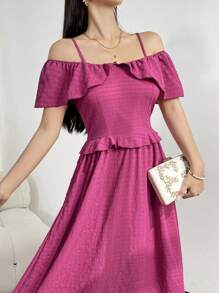 Mulvari Women's Solid Color Pleated Lace Trim Spaghetti Strap Off-Shoulder Sleeve Elegant Summer Dress