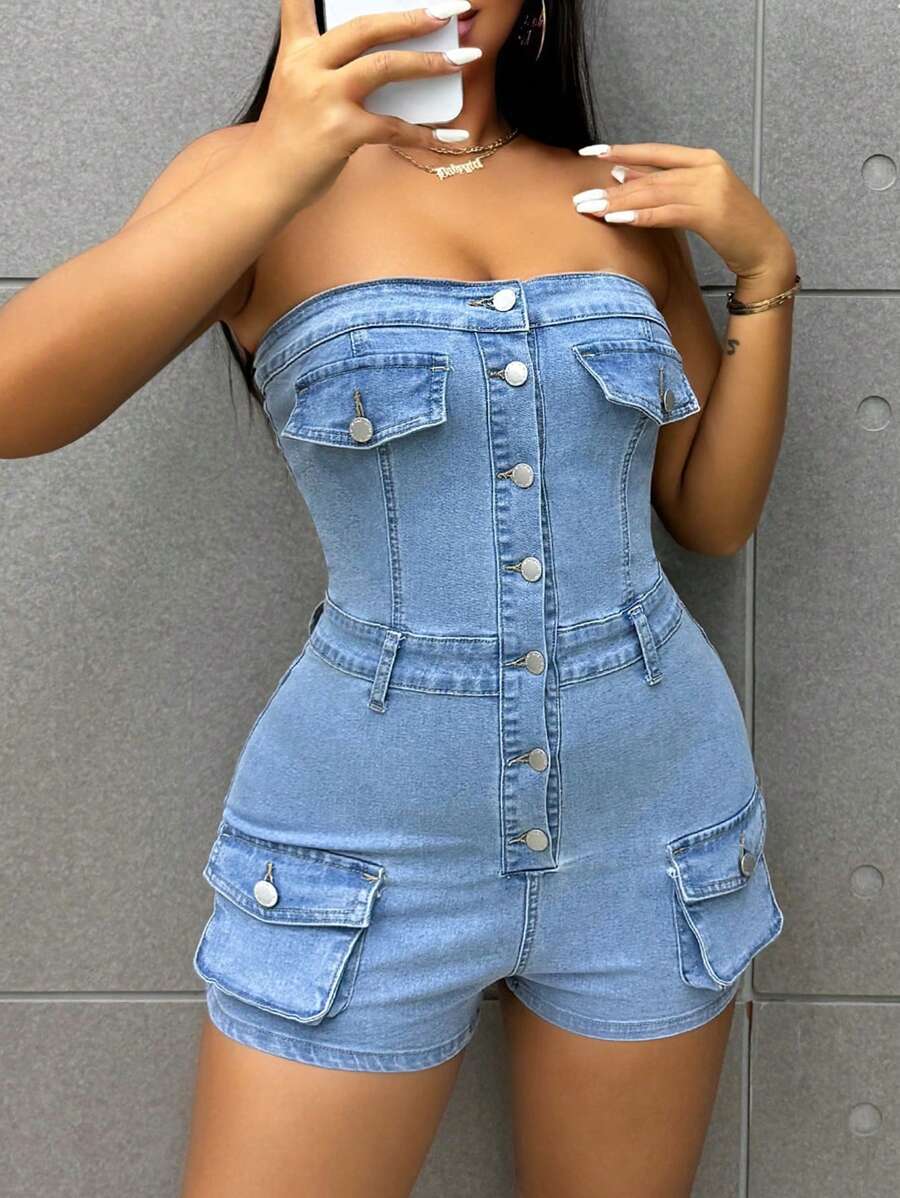 SHEIN SXY Bộ áo liền quần denim nữ Bộ áo liền quần ống màu xanh Bộ áo liền quần túi đi làm ba chiều Bộ đồ liền thân thời trang đường phố sai lầm Trang phục mùa hè Quần vận chuyển Quần áo liền quần Trang phục một mảnh Jumpsuit Quần áo mùa thu Trang phục đi học lại Quần áo nữ Rompers Rave Back To School Trang phục sân bay Halloween - Rửa nhẹ - Xem 1