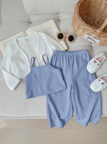SHEIN LMoss Kids LMoss Baby Girl Cute Casual Knitted Long Sleeve Cardigan, Solid Color Tank Top & Long Pants 3pcs Outfit Set - Blue - View 8