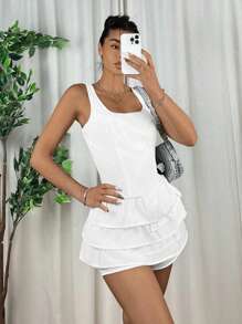 SHEIN EZwear Mono sin mangas casual de cuello cuadrado con volantes de varias capas empalmados de mujer tejido blanco