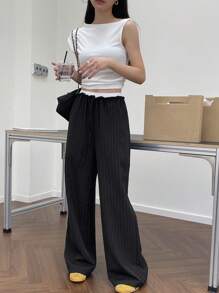 DAZY 女式休闲条纹拼布撞色抽绳阔腿裤 - 黑色 - 查看 3