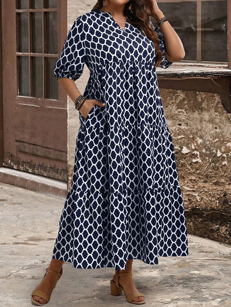 Plus Allover Print Notched Neckline Ruffle Hem Smock Dress