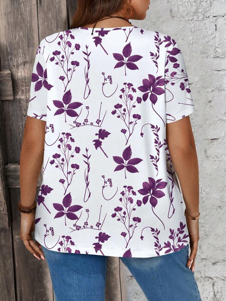 Summer Casual V-Neck Silhouette Floral Printed Women's Plus Size T-Shirt