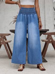 SHEIN LUNE High Waist Elastic Waist Wide Leg Jeans - Blue - View 4