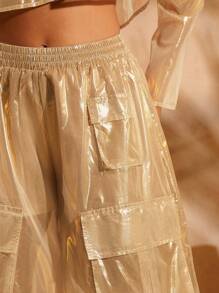 SHEIN Haute Gold Metallic Sheer Cargo Pocket Wide Leg Pants - Gold - View 2