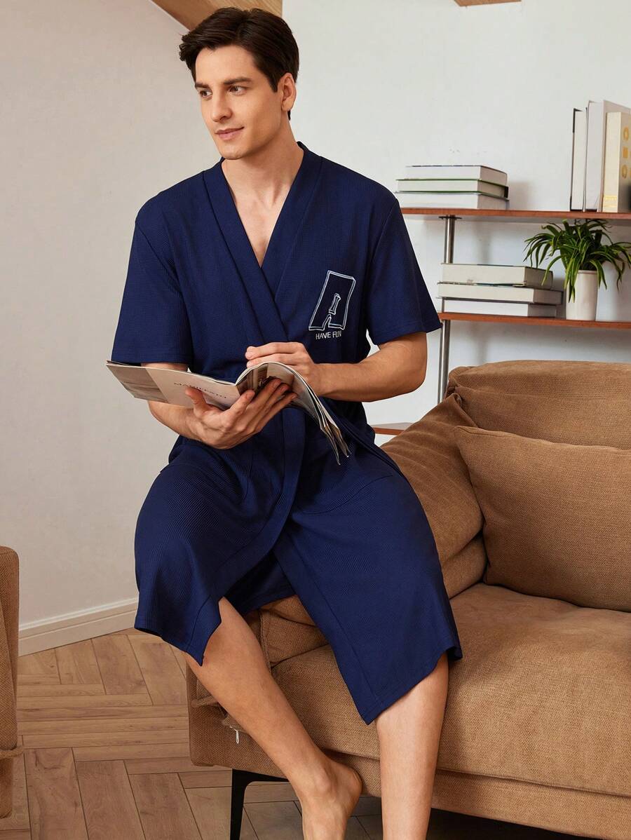Men Letter Graphic Dual Pocket Belted Robe - Navy Blue - View 1