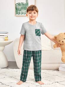 SHEIN Young Boy Simple Casual Decorative Pocket Home Outfit 2pcs/Set - Green - View 4