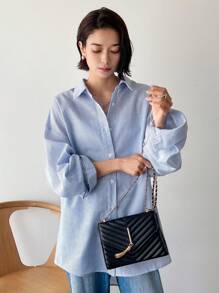 FRIFUL Striped Print Button Front Blouse Long Sleeve Top