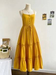 Soleia Vestido largo tipo A de ocio estilo festival de música para mujeres de vacaciones, decoración de botones y empalmado de encaje - Amarillo - Ver 4