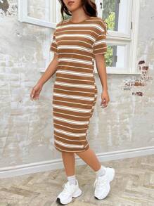 SHEIN EZwear Khaki Knitted Striped Women's Summer Short Sleeve Casual Dress - Khaki - View 4