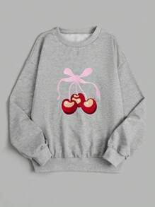 SHEIN Unity 樱桃刺绣宽松圆领运动休闲卫衣，灰色花卉图案，带蝴蝶结，秋季套头衫 - 灰色 - 查看 1