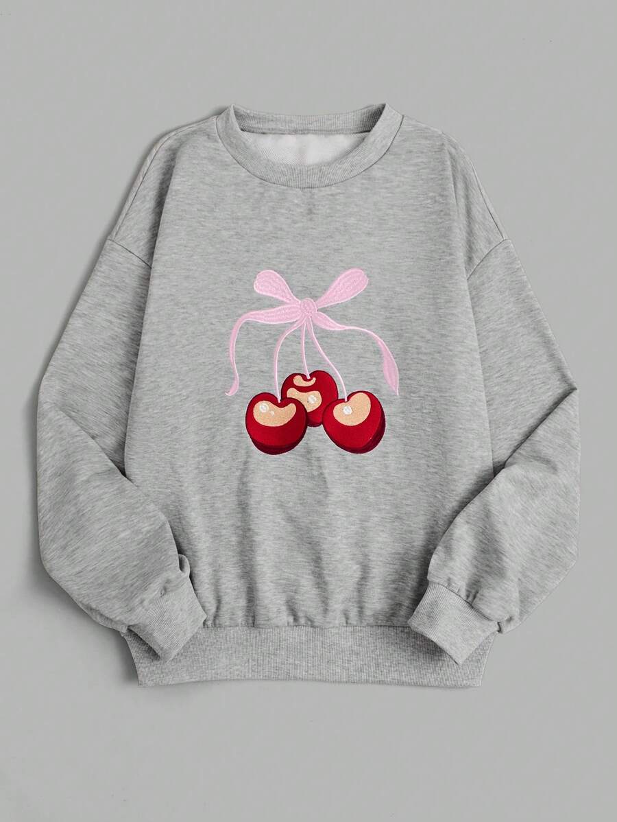SHEIN Unity 樱桃刺绣宽松圆领运动休闲卫衣，灰色花卉图案，带蝴蝶结，秋季套头衫 - 灰色 - 查看 1