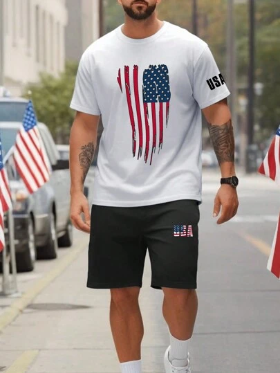 Manfinity Homme 大尺碼圓領字母印花短袖T恤和短褲套裝，夏季