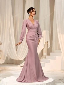Faeriesty Elegant Cross-Over V-Neck Lantern Sleeve Mermaid Hem Dress - Sophisticated Timeless Design For Spring/Summer Weddings, Galas, Red Carpet Bridesmaid Dress