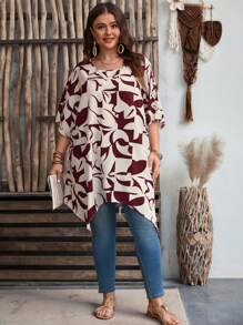 EMERY ROSE Blusa de túnica con mangas murciélago y estampado completo en tallas grandes - Burdeos - Ver 4